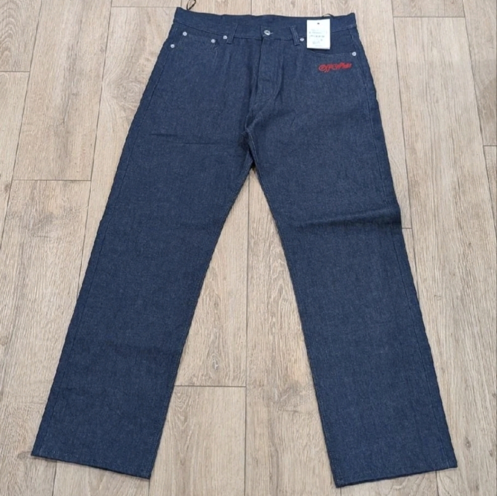 $590 Mens OFF-WHITE Script Embroidered Logo Straight Leg Jeans Navy Blue 34
